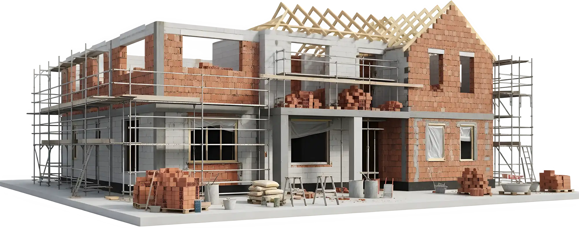 Partially built two-story brick house with scaffolding and construction materials on site.